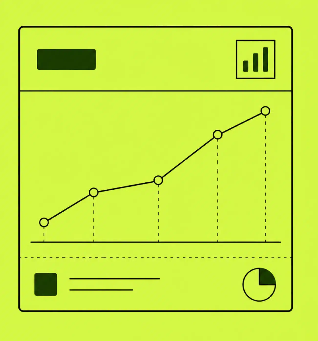 Dashboard-style chart showing a rising line graph with data points and dashed vertical grid lines, plus a small bar chart in the top-right and a pie chart bottom-right.