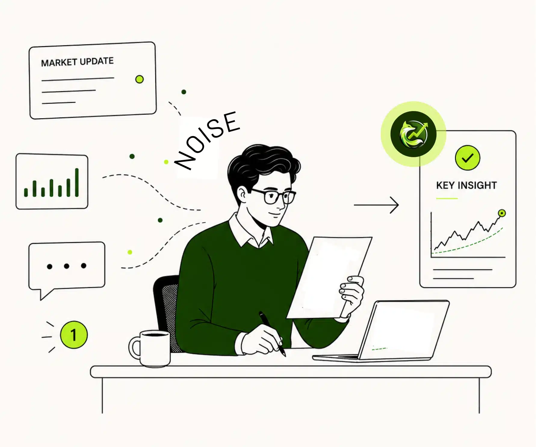 Person in a green sweater sits at a desk with a laptop, reviewing documents amid market graphics labeled 'Market Update' and 'Key Insight'.