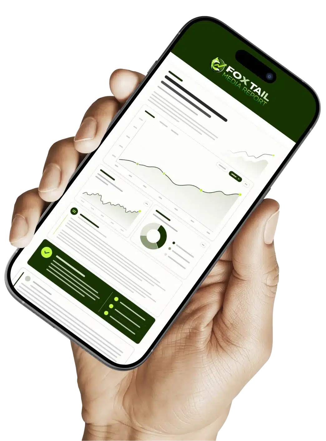 Hand holding a smartphone displaying a green-themed analytics dashboard with charts and the Foxtail Media Report header.